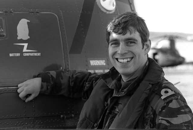 Prince Andrew at Port Stanley as a helicopter pilot with HMS Invincible in 1982 