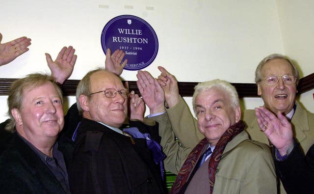 (L-R) Comedians Tim Brooke-Taylor, Graeme Garden, Barry Cryer, and Nicholas Parsons at Mornington Crescent underground station in London, unveiling of a comic heritage plaque to Willie Rushton (John Stillwell/PA)
