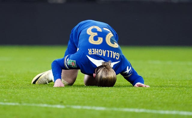 Chelsea’s Conor Gallagher reacts during the Carabao Cup final at Wembley
