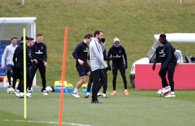 England manager Gareth Southgate (centre) takes training at St Georges’ Park ahead of the match with Holland (Simon Cooper/PA)