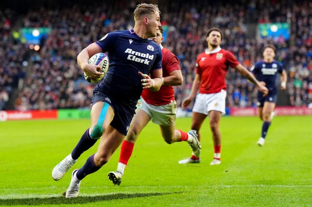 Scotland’s Duhan van der Merwe runs in to score a try against Tonga in November