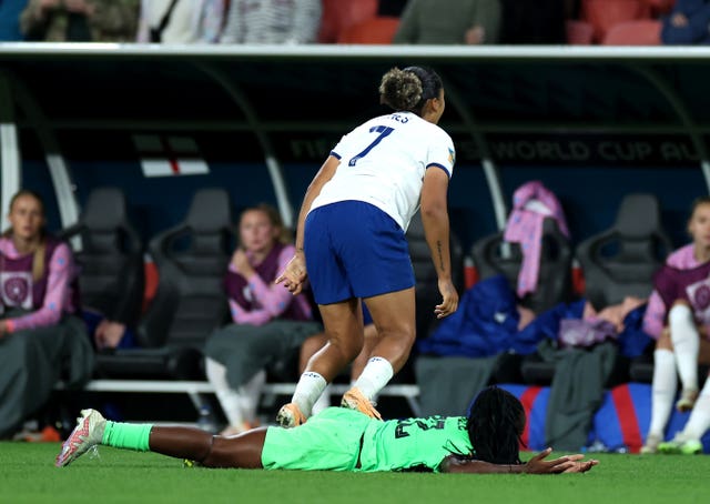 James was shown red after she stepped on the back of Nigeria defender Michelle Alozie