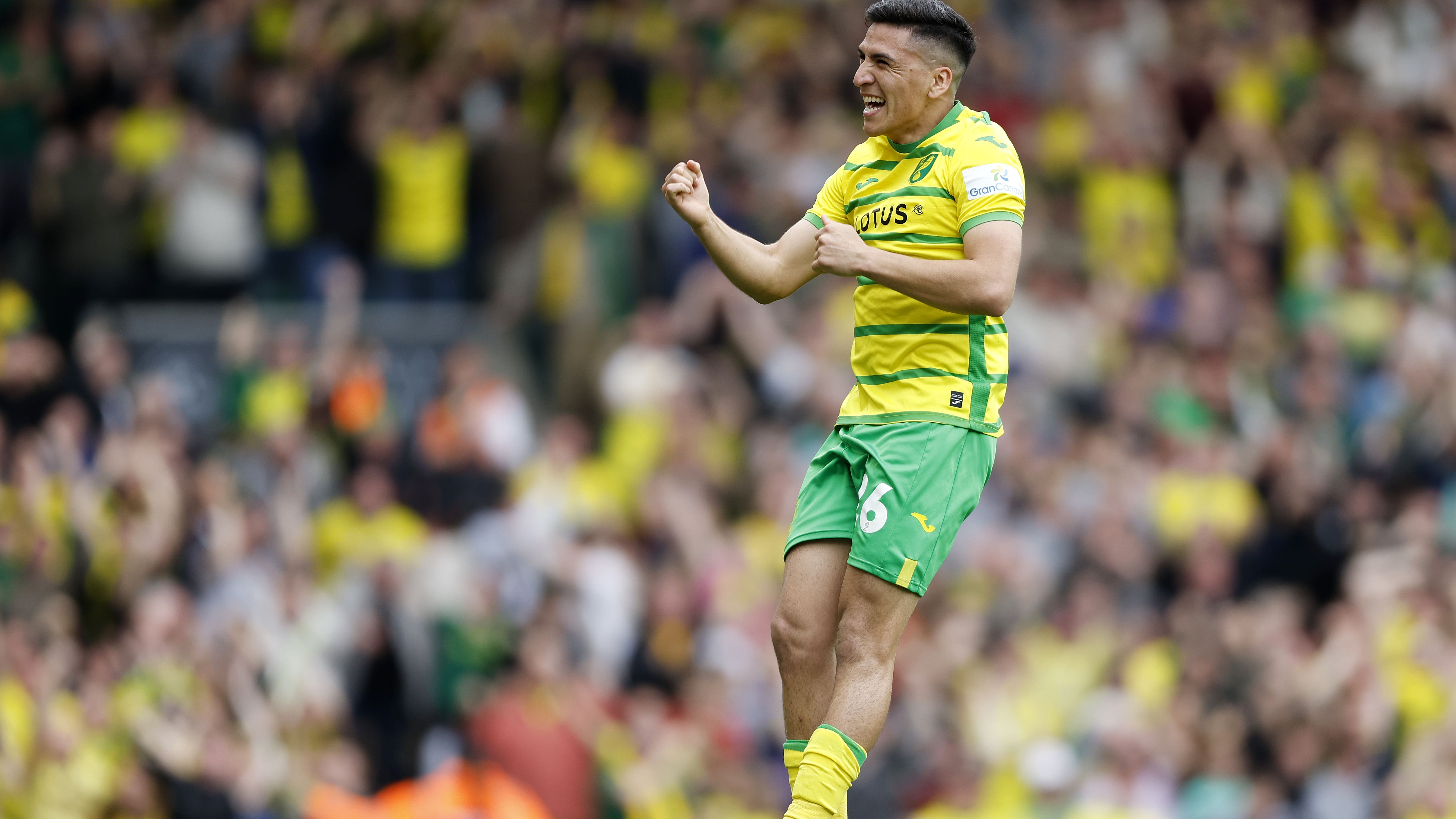 Marcelino Nunez celebrates scoring the free-kick which gave Norwich a 1-0 derby win over Ipswich (Nigel French/PA).