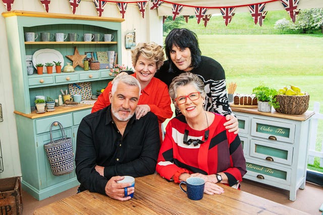 The Great British Bake Off presenters Sandi Toksvig and Noel Fielding with judges Paul Hollywood and Prue Leith