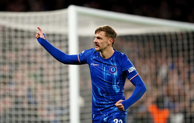 Chelsea’s Kiernan Dewsbury-Hall celebrates scoring in the Conference League against Copenhagen at Stamford Bridge