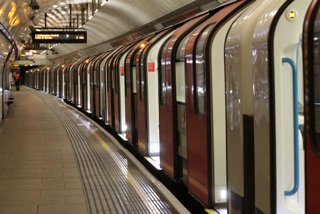 An empty train on the Victoria Line platform at King’s Cross station (Yui Mok/PA)