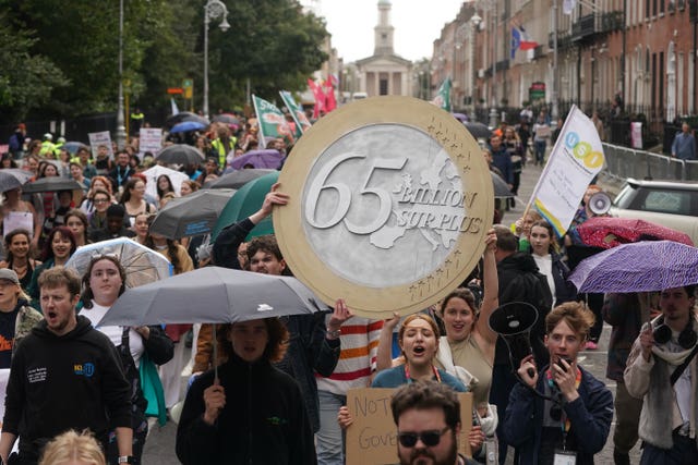 Students take part in a march and rally to highlight the accommodation crisis, at Merrion Square, Dublin, ahead of the budget