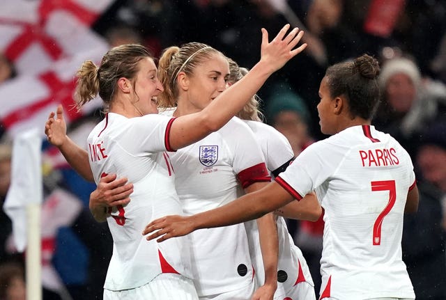 Ellen White, left, celebrates her goal at Wembley 