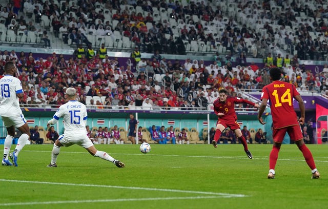 Spain’s Gavi, second right, scores his side’s fifth goal of the game in their 7-0 win against Costa Rica