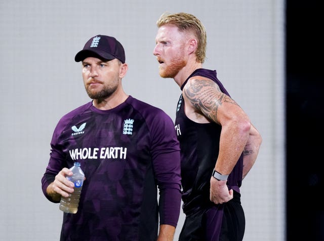 Brendon McCullum, left, and Ben Stokes, right at England practice