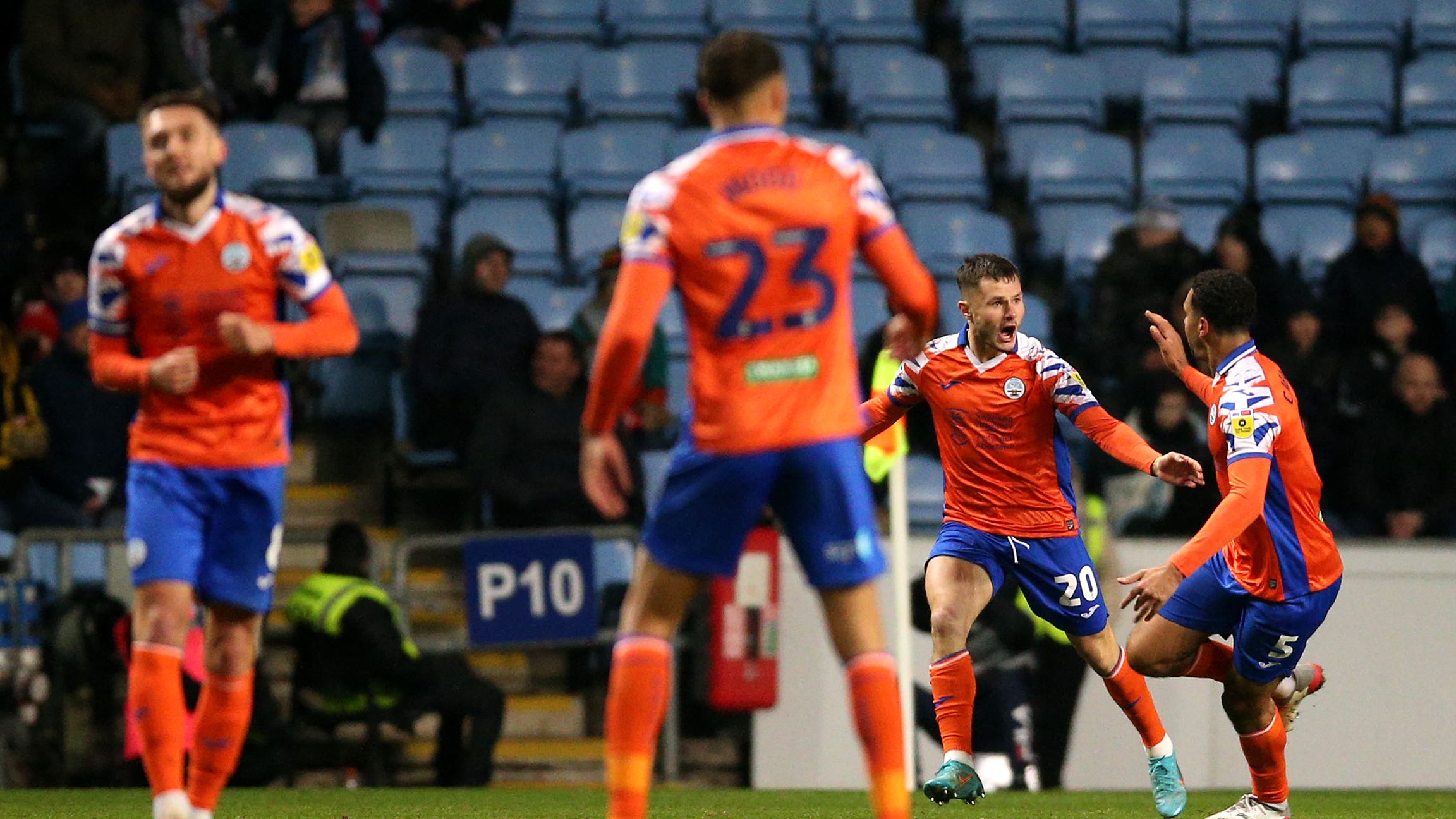 Liam Cullen (second right) celebrates his goal which earned Swansea a draw at Coventry (Nigel French/PA)