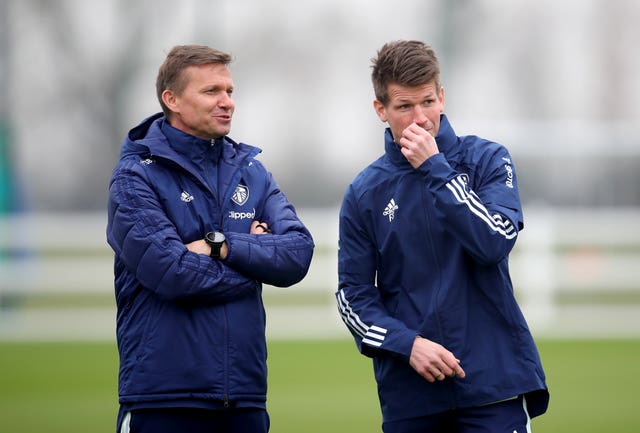 Jesse Marsch, left, and first-team coach Franz Schiemer prepare Leeds for their first game since Marcelo Bielsa was sacked