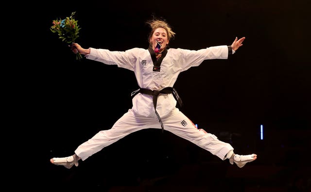 Great Britain's Jade Jones celebrates after claiming an elusive world taekwondo title at the fifth attempt 