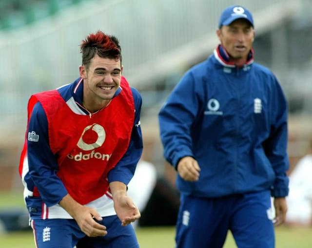 James Anderson, left, took a hat-trick against Essex, with one of his victims Nasser Hussain, right (Gareth Copley/PA)
