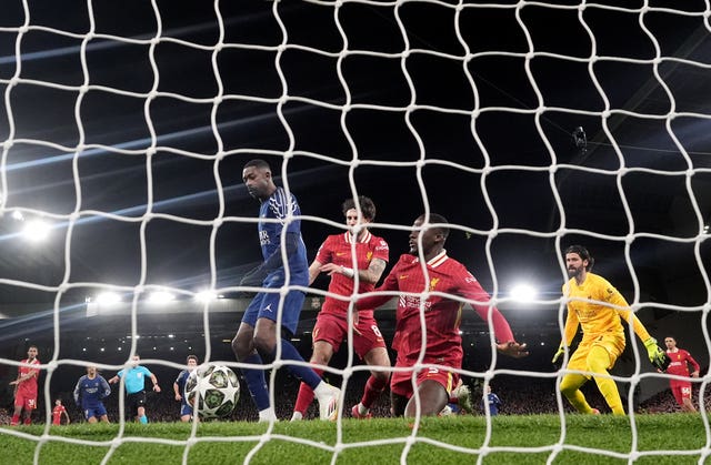 Ousmane Dembele, centre left, scores Paris St Germain's goal against Liverpool