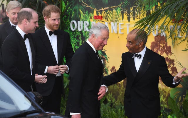 William and Harry, pictured with Charles and the Lord-Lieutenant of Greater London Sir Kenneth Olisa at the premier. Kirsty O’Connor/PA Wire