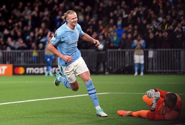 Erling Haaland celebrates his first goal 