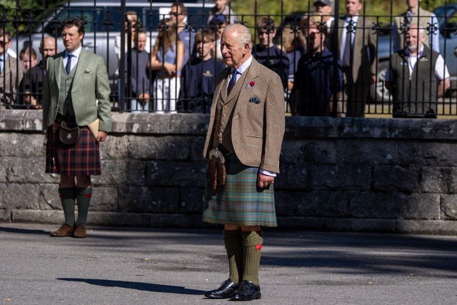 The King carries out an inspection of the Balaklava Company, 5th Battalion, The Royal Regiment of Scotland, at the gates of Balmoral, as he takes up summer residence at the castle