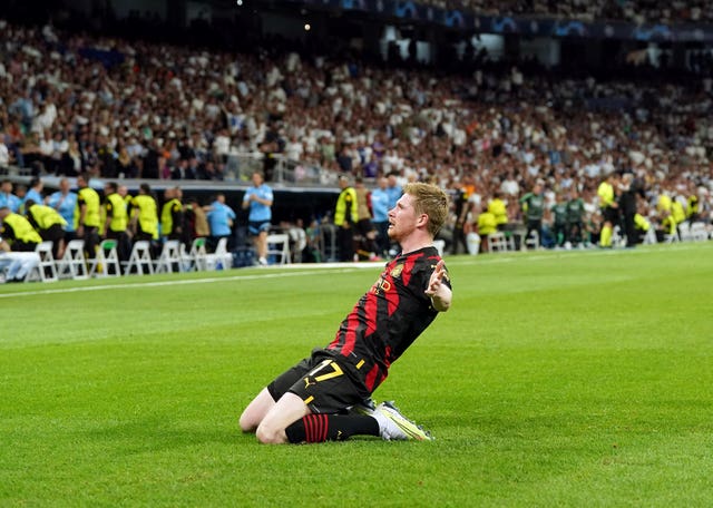 Kevin De Bruyne celebrates Manchester City's equaliser in Madrid