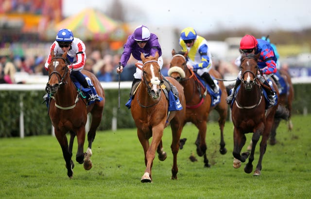 Doddie’s Impact (left) gets up to win the Brocklesby at Doncaster