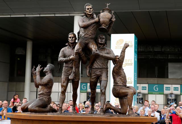 The statue of rugby league legends Martin Offiah, Alex Murphy, Billy Boston, Eric Ashton and Gus Risman is unveiled at Wembley Stadium