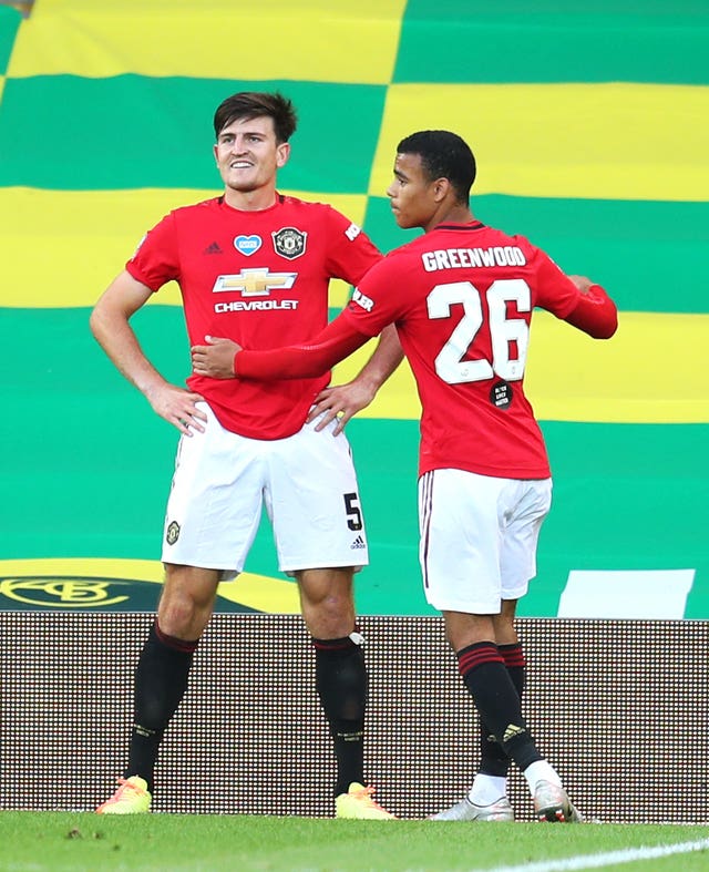 Harry Maguire (left) celebrates with Mason Greenwood 