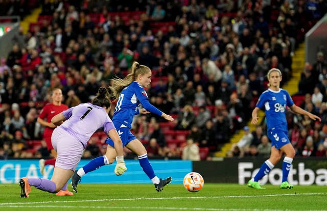 Jess Park scores Everton's second goal at Anfield (Martin Rickett/PA).