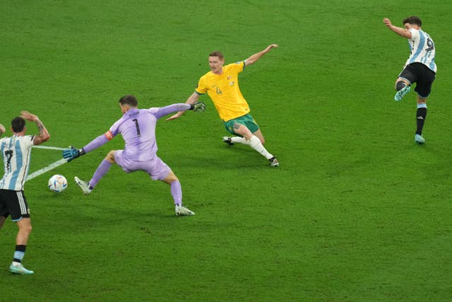 Argentina’s Julian Alvarez, right, pounced on goalkeeper Mat Ryan's error to put his side 2-0 up