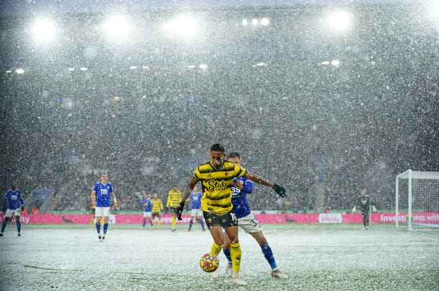 Watford's Joao Pedro (left) and Leicester's Luke Thomas in action