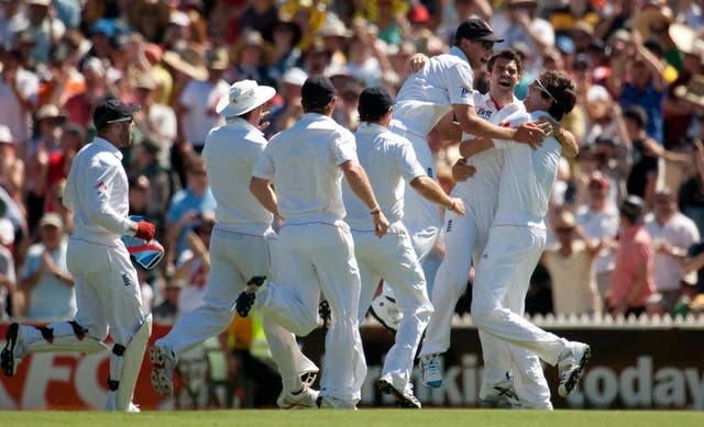 James Anderson celebrates dismissing Australia captain Ricky Ponting (Gareth Copley/PA)