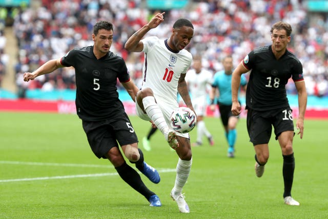 Germany’s Mats Hummels, left, and England’s Raheem Sterling battle for the ball during the Euro 2020 last-16 clash