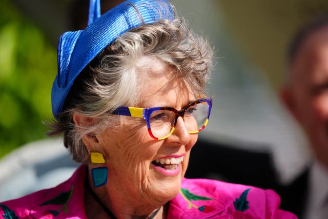 Dame Prue Leith with a headdress at Royal Ascot in 2024