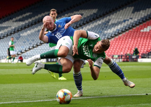 Hibernian's Ryan Porteous collides with St Johnstone's Christopher Kane during the Scottish Cup final