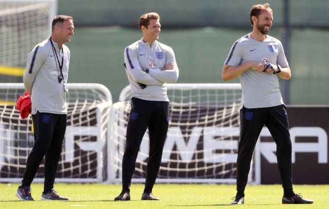 England’s (from left to right) assistant Steve Holland, striker coach Allan Russell and manager Gareth Southgate during the training session at the Spartak Zelenogorsk Stadium, Zelenogorsk (Owen Humphreys/PA)