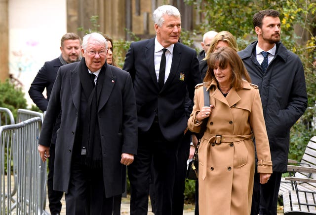 Sir Alex Ferguson and David Gill arrive ahead of the funeral service for Sir Bobby Charlton