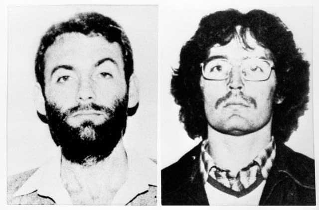 A composite image from September 1983 of Brendan McFarlane, left, and Gerard Kelly, being held by Dutch police over a massive arms smuggling operation in Amsterdam