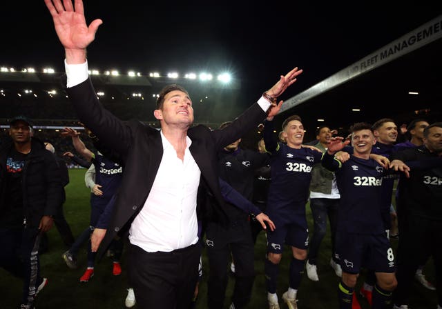 Frank Lampard and Derby his team celebrate victory