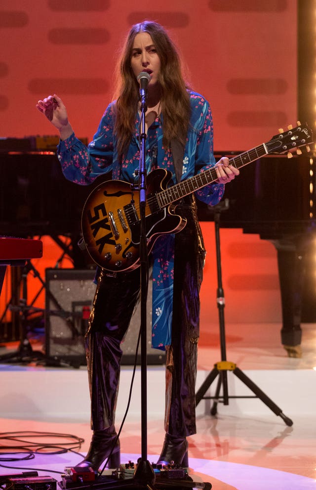 American rock band Haim performing during filming of the Graham Norton Show