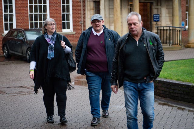 Left to right, Harry Dunn’s stepmother Tracey Dunn, father Tim Dunn and stepfather Bruce Charles
