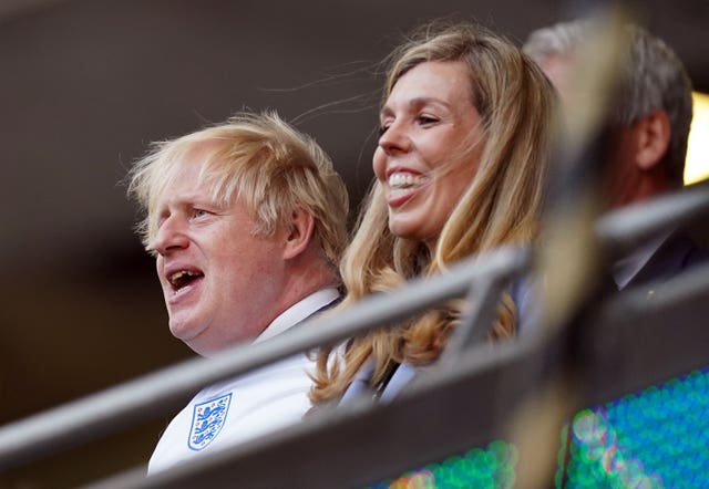 Prime Minister Boris Johnson and Carrie Johnson in the stands during the semi-final at Wembley Stadium