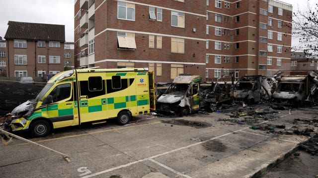 The burnt out remains of the ambulances 