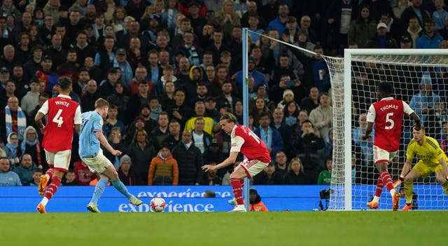 Kevin De Bruyne scores his second against Arsenal