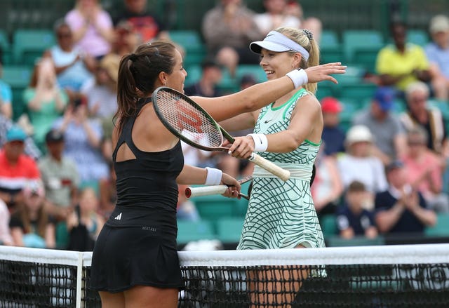 Jodie Burrage, left, and Katie Boulter embrace after their final in Nottingham