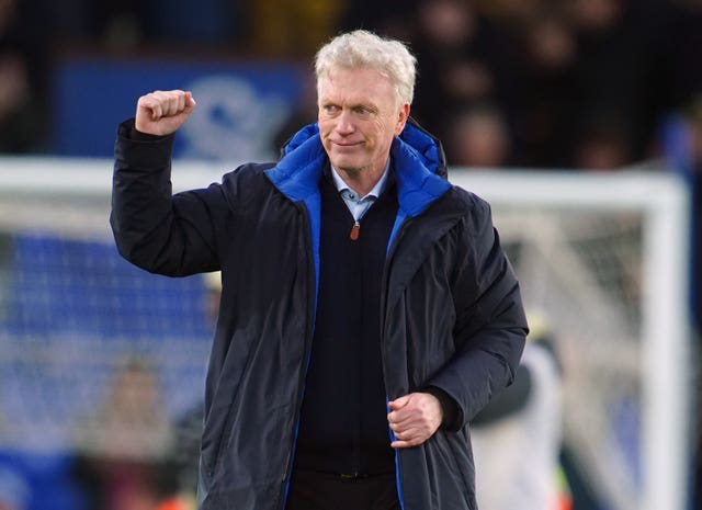 Everton manager David Moyes  punches the air in celebration