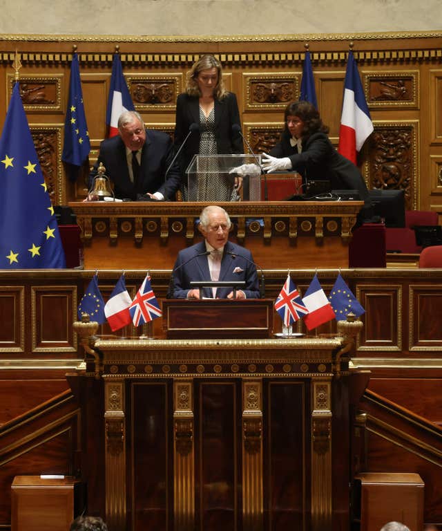 Charles addresses parliamentarians in the Senate Chamber, at Luxembourg Palace in Paris