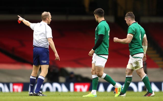 Peter O'Mahony, right, was dismissed by referee Wayne Barnes just 14 minutes into Ireland's 2021 Guinness Six Nations campaign