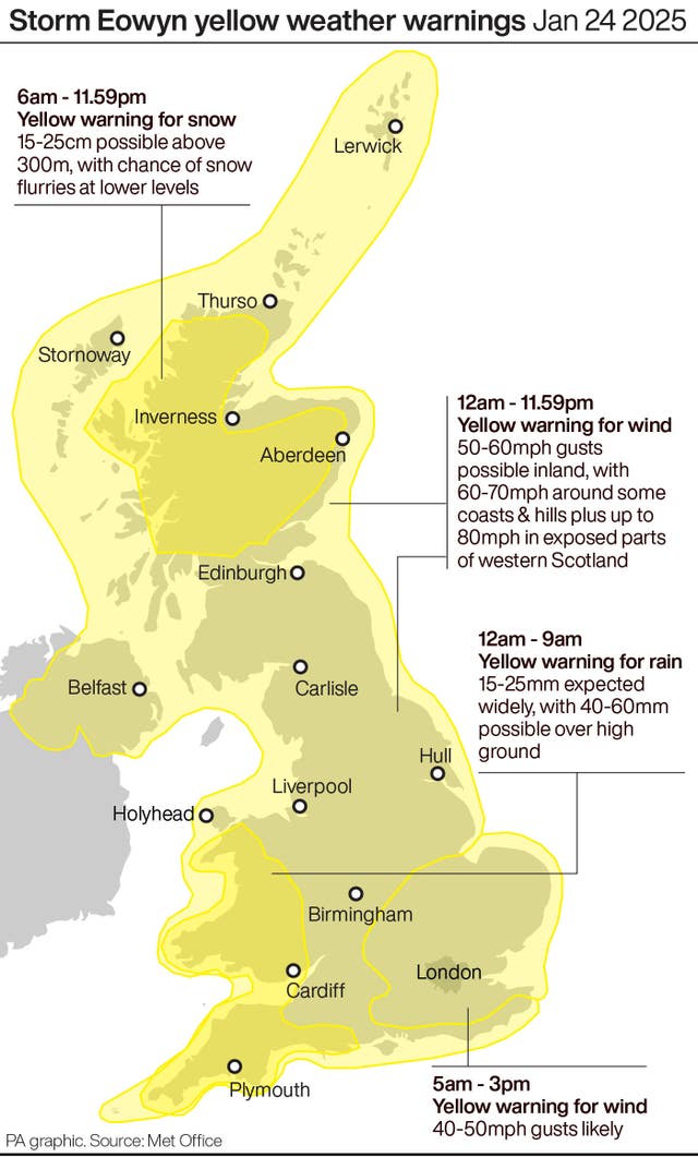 A PA graphic showing yellow weather warnings for Storm Eowyn