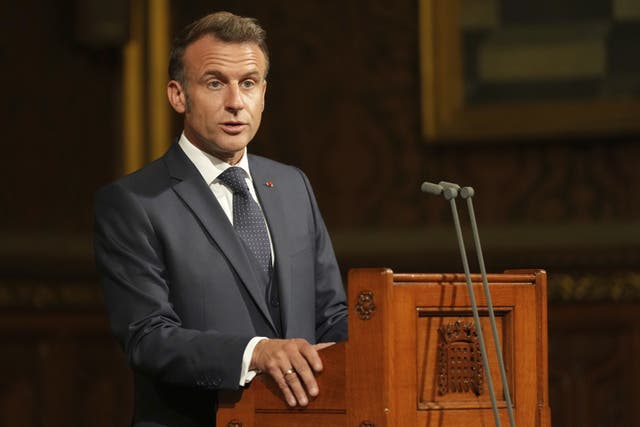 President of France Emmanuel Macron addresses MPs and peers in the Royal Gallery at the Palace of Westminster