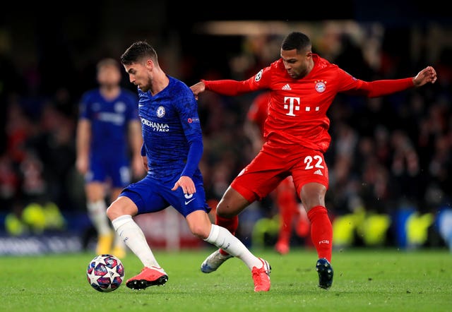 Chelsea’s Jorginho and Bayern Munich’s Serge Gnabry battle for the ball 