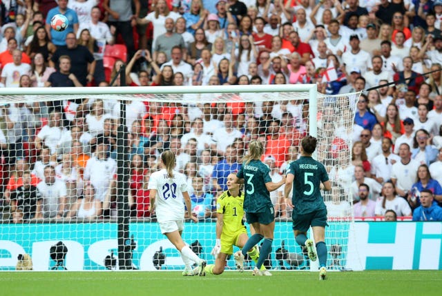 Ella Toone, left, scores England’s first goal of the Euro 2022 final at Wembley